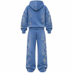 Conjunto de chándal de mezclilla desgastada con lavado ácido para mujer, chaqueta bordada con cremallera y pantalones holgados a juego, estilo urbano. - Product Image 2