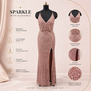 Luxury Rose Gold Sequin Evening Dress Women Deep V Neck Spaghetti Strap Bodycon Maxi Gown <b>Thigh</b> High Slit Formal Prom Cocktail - Product Image 5
