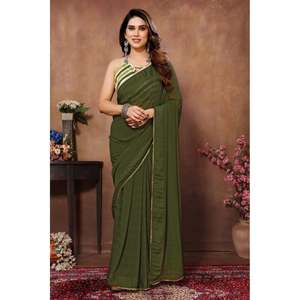DISEÑADOR GEORGETTE TEJIDO CHEKS ESTAMPADO CON LACE DE TUBERÍA TRABAJO UN MINUTO SAREE CON BLUSA DESECHADA VERDE - Product Image 1