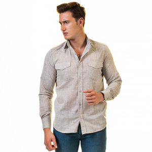 Chemise Habillée Homme Beige Style Safari Double Poche Tissu Respirant Manches Longues Lin/Coton Infroissable Séchage Rapide Printemps - Product Image 1