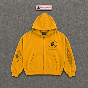 Yellow Oversized Distressed <b>Pullover</b> Hoodie Embroidered Streetwear Fleece Kangaroo Pocket Casual <b>Men's</b> 100% Cotton Breathable - Product Image 5