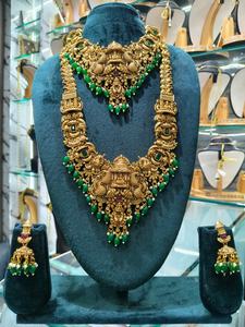 Parure de collier longue traditionnelle du sud de l'Inde pour mariée, en alliage plaqué or avec boucles d'oreilles en zircon, style vintage, pour mariage, fiançailles, fête, cadeau - Product Image 2