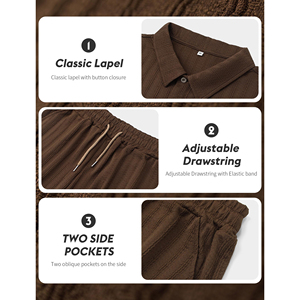 Ensemble T-shirt et short en coton pour homme, col rond, tricoté géométrique, tenue décontractée deux pièces, respirant, beige clair, vente en gros - Product Image 3
