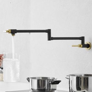 Rubinetto da cucina a parete pieghevole in ottone nero e oro, miscelatore singolo retrattile per lavello - Product Image 1