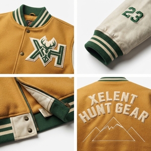 Veste varsity en laine Melton 820GSM de qualité supérieure, en cuir véritable, pour homme, style vintage Motorsport, veste Letterman, sur mesure OEM Xelent Hunt Gear - Product Image 4