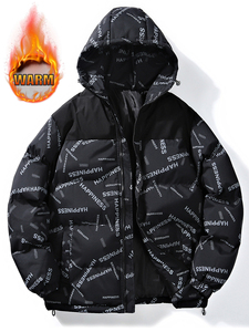 Men's Hooded Puffer Jacket Printed Letter Pattern Warm Winter <b>Coat</b> <b>Zipper</b> Closure Casual Streetwear Style Thick Polyester - Product Image 3