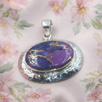 Pendentif en turquoise cuivrée naturelle, fait main, martelé, en argent sterling 925, ovale, bijou fantaisie, cadeau bohème pour femme