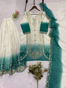 Ensemble Anarkali Palazzo en Georgette Micro Brodé pour Femme avec Dupatta, Infroissable, Extensible, Séchage Rapide, Tenue de Soirée et de Mariage - Product Image 5