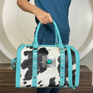 Luxury Turquoise Genuine Leather Cowhide Western Speedy <b>Bag</b> Handbag With Concho <b>Studded</b> Barrel Duffel Crossbody <b>Bag</b> for Unisex - Product Image 6