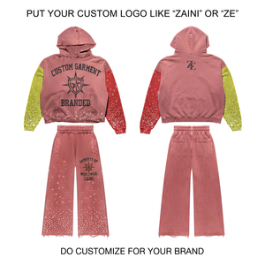 Premium 380 GSM Cotton Polyester Heavy Fleece Hooded Tracksuit Pink Colorblock Sleeve Wide Leg Custom DTF Print Logo <b>Set</b> - Product Image 1