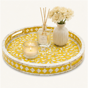 Luxury Yellow Mother of Pearl Inlay Tray Round Wooden <b>Mosaic</b> Serving Platter Floral Resin Decorative Tray with Cutout Handles - Product Image 2