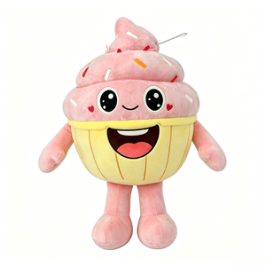 Peluche de cupcake rosa personalizado, cupcake de dibujos animados con brazos y piernas, peluche de cupcake con glaseado rosa, cupcake con envoltorio amarillo - Product Image 1