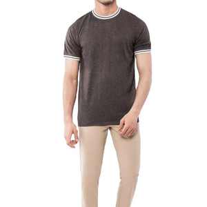 T-shirt décontracté marron foncé à col contrastant avec logo sur le devant, en coton doux et respirant de qualité supérieure, style vintage d'été, coupe classique - Product Image 2
