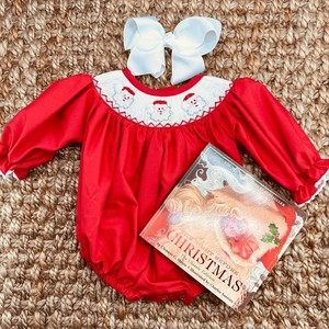 Combinaison de Noël rouge pour bébé, barboteuse smockée à manches longues, col Peter Pan, robe de fête pour nourrisson - Product Image 2