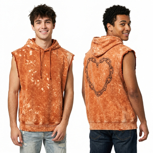Sleeveless Hoodie Men Custom Acid Wash Gym Vest Streetwear <b>Distressed</b> Raw Edge Pullover Heart Chain Graphic Tank <b>Top</b> Supplier - Product Image 1