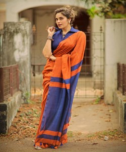 Sari Reversible de Algodón Azul y Naranja, Vestido Tradicional Indio Informal para Mujer, Largo hasta el Suelo, Corte Regular, para Todas las Temporadas - Product Image 3