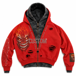 Sweat à capuche zippé personnalisé avec motif crâne vieilli, surdimensionné, orné de strass, double couche, camouflage, épais, style Y2K vintage streetwear - Product Image 2