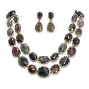 Ensemble collier et boucles d'oreilles en argent 925 plaqué or avec pierres précieuses multicolores facettées à double couche pour femmes, cadeau de mariage, bijoux - Product Image 2