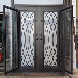 Royal Luxury Rust-resistant Wrought Iron Main Door Geometric Patterned Glass Panels Minimalist <b>Swing</b> Design Easy-to-Assemble - Product Image 5