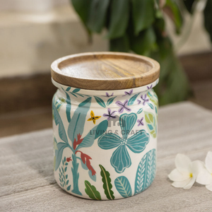 Pot en bois artisanal de qualité supérieure avec décorations en émail |   Conteneur de rangement de cuisine en bois d'acacia - Product Image 3