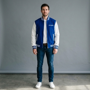 Blouson Bomber Homme Bleu Royal avec Manches en Cuir Blanc, Col et Poignets en Maille Côtelée Mélange de Laine Personnalisé, Veste Décontractée Streetwear, Vente en Gros - Product Image 1
