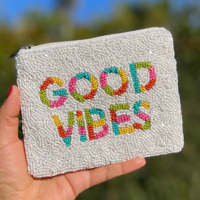 Dompet Koin Manik-Manik Good Vibes Buatan Tangan, Clutch Payet Manik-Manik, Dompet Resleting Fashion, Hadiah Motivasi, Kantong Seni, Grosir