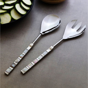 Juego de 2 utensilios para servir ensalada de acero inoxidable con mango de nácar vintage, cuchara y tenedor para servir, para el hogar y hoteles. - Product Image 2