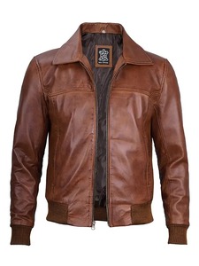 Men’s Distressed Brown <b>Leather</b> Bomber <b>Jacket</b> - Product Image 1