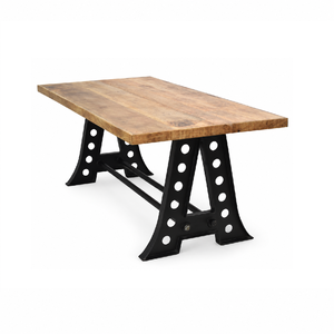 Industrial Mango <b>Wood</b> Dining <b>Table</b> with Perforated Metal Trestle Base Modern Loft Style Furniture Farmhouse Home Hotel Villa - Product Image 1