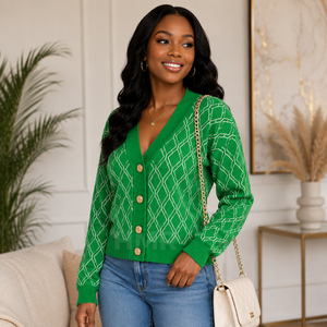 HMR Sisterhood Sorority Cardigan en acrylique vert à motif géométrique tricoté, col en V, manches longues, fermeture boutonnée, décontracté - Product Image 3