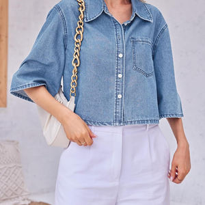 Chaqueta de Mezclilla de Algodón Cómoda para Mujer, Talla Grande, con Solapa Acolchada en el Pecho, Bolsillo con Parche, Logotipo Personalizado con OEM - Product Image 3