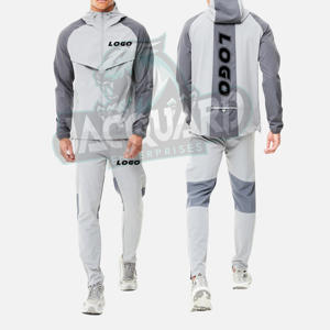 Ensemble de survêtement 2 pièces coupe-vent léger en polyester/nylon, imperméable, avec logo personnalisé imprimé sur le capuche - Product Image 1