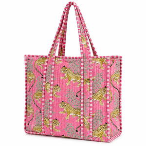 Bolsa de Mano de Algodón con Estampado de Leopardo Rosa, Bolsa de Hombro de Moda para Mujer, Gran Capacidad, para Todas las Temporadas - Product Image 1