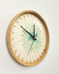 Vietnam Handmade 12 Inch Wall <b>Clock</b> Rustic Cottagecore Rattan Shell Design Minimalist Modern Green <b>White</b> Home Decor Supplier - Product Image 1