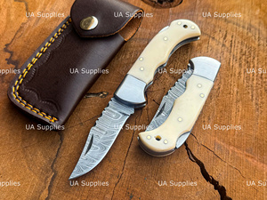 Handmade Damascus Steel Folding <b>Knife</b> Clip Point Blade Wood <b>Handle</b> Straight Edge 2-Piece Set Hunting <b>Knife</b> with Leather Sheath - Product Image 4
