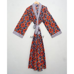 Handmade Boho Style Cotton <b>Kimono</b> Robe for <b>Women</b> Long Floor-Length Bathrobe with Block Print Fabric Natural Waistline Washable - Product Image 1