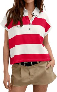 Camiseta Polo a Rayas para Mujer, Manga Corta, Informal, Tejido de Punto, Largo Regular, Estilo Color Block, Blanco y Negro, Camisetas Polo ODM - Product Image 2