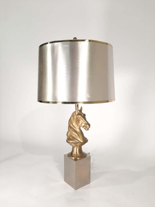 Lampe de table moderne de luxe en forme de tête de cheval dorée, abat-jour en tissu gris, art déco animalier, lampe de chevet, décoration de salon, éclairage d'intérieur - Product Image 3