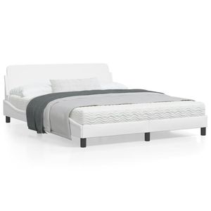 Base de Cama Queen de Madera de Pino Macizo y Contrachapado con Tapicería de Cuero Sintético Blanco y Metal, Cama Tapizada Tamaño Queen - Product Image 1