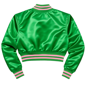 AKA Green Satin Cropped Varsity Jacket with Pink & White Rib Trim Embroidered Sorority Bomber Outerwear Women - Product Image 5