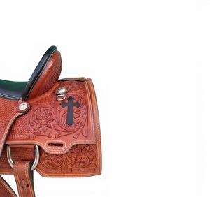 Selle de cheval en cuir pour l'équitation western, le roping et le reining, avec motif gaufré, ferrures en laiton et arceau en bois, de 15 à 17 pouces - Product Image 4