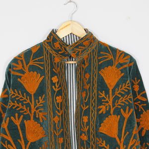 Women Velvet Embroidered <b>Jacket</b> Mandarin Collar Lantern Sleeve Floral Boho Style Autumn Coat Handmade Suzani <b>Pattern</b> - Product Image 4