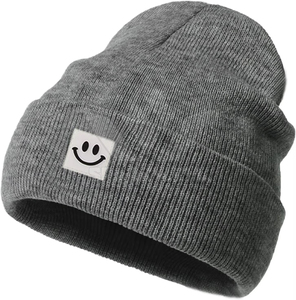 Bonnet tricoté unisexe avec patch souriant, couleur unie, bonnet d'hiver chaud, style décontracté, taille adulte 56-58CM - Product Image 6