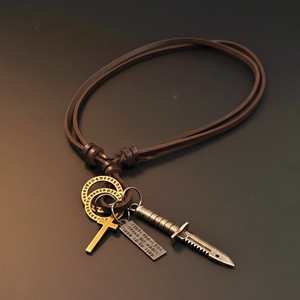Fashion Pendant <b>Necklace</b> Knight Silver <b>Sword</b> 2.5-Inch Pure Stainless Steel with Adjustable Leather Rope for Men & Boys - Product Image 4