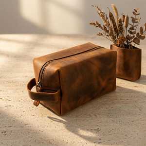 Genuine Leather Toiletry Bag <b>Mens</b> Dopp Kit Luxury Shaving Wash Bag Travel Cosmetic <b>Pouch</b> Wholesale Price OEM TYG-0228 - Product Image 3