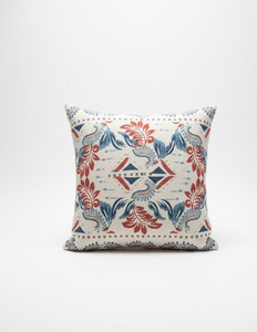 Ethnic Block-<b>Print</b> Motif Square <b>Cushion</b> Cover in Off-White, Blue, and Rust Red, Guaranteed Quality Assurance18X18 - Product Image 2