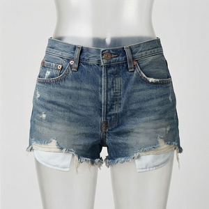 Shorts de mezclilla ultra cortos para mujer, sexys, desgastados, vintage, con patchwork, corte en A, de cintura alta, lavado a la piedra, color personalizado, estilo casual de verano - Product Image 1