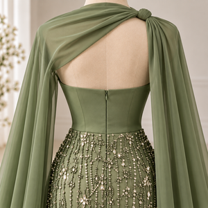 Robe de soirée sirène vert menthe longue sans manches avec châle, ornée de perles, taille naturelle, écologique - Product Image 5
