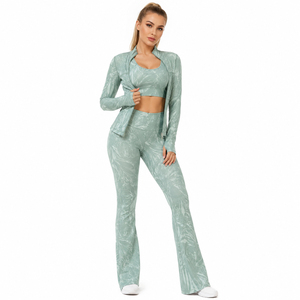 Wholesale Women 3 Piece Yoga Set Compression Wear Training Jacket Printed <b>Flare</b> <b>Legging</b> Eco-Friendly <b>Gym</b> Workout Bra 3 Piece Set - Product Image 2