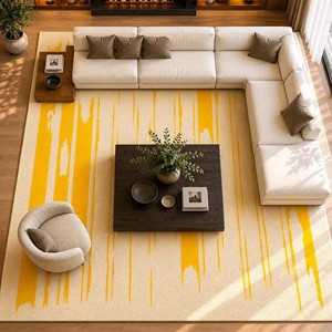 Tapis abstrait jaune moderne, tapis contemporain à rayures, tapis en laine tufté à la main pour salon, chambre à coucher, décoration minimaliste de la maison - Product Image 1